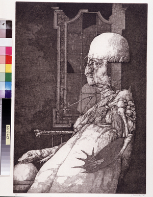 Espectro II. Drawing by Jose Hernandez (born 1944), 1976. Dim: 50x35cm. Hard water engraving on paper. Musee de l'hospice Saint-Roch, Issoudun. Mandatory mention