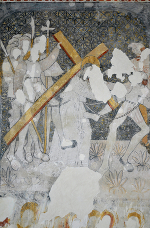 Romanesque Art: Episode of the Life of Christ: “The carrying of the cross”” Fresco of the 12th century. Church of Saint Quitterie, Massels (47140)