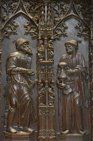 Abraham and King Melchisedech - Characters of the carved wood stalls by Dominique Bertin of Toulouse (16th century) - Cathedrale Sainte Marie d'Auch (Gers) (15th-17th century)