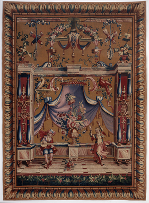 Musician and cymbal dancer. Cartons of the curtain created by Jean-Baptiste Monnoyer (Jean-Baptiste Monnoyer, 1636-1699), inspired by Jean Berain pere (1640-1711). Tapestry in low-lice made by the Atelier de Beauvais. Wool and silk. Dim: 265x192cm. Musee des tapestries, Aix en Provence