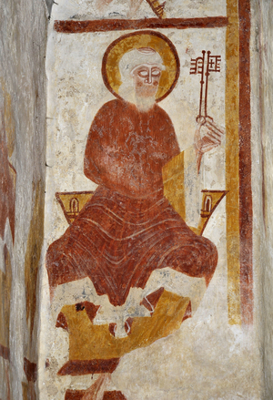 The apostle St. Peter. Romanesque art. View of the frescoes of the church of Saint Hugues (XII century) of Avord, Cher (18520), Centre, France.