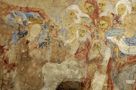 Romanesque art: Church of Notre Dame in Montmorillon, Vienne, Poitou-Charentes (Poitou Charentes), France, frescoes of the crypt of Princess Saint Catherine of Alexandria. The princess, holding a double cross, is in front of the philosophers. Photography
