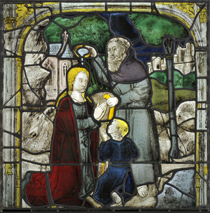 Stained glass of the Church of Saint Cyr, eastern bay. The legend of Saint Cyr and Saint Julitte. 2nd lance starting from the left “” Bapteme of Saint Julitte by a hermit”””. End of the 15th century. Dim: 87x84,5cm. Church of Issoudun.