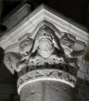 Romanesque art: Chapiteau in the basilica church Saint Etienne de Neuvy-Saint-Sepulchre (Neuvy Saint Sepulchre), Indre, Centre, France Photography