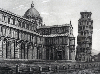 View of Italy: The Duomo and the Leaning Tower in Pisa. Engraving by GALOW, 19th century after the Daguerrian photographic excursions. In “” Most Remarkable Views and Monuments of the Universe””. Private collection