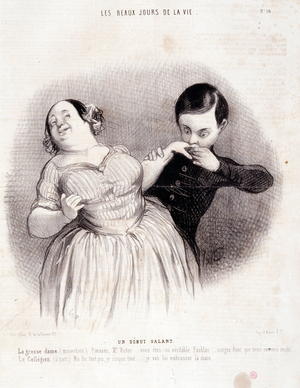 Cartoon about the couple. Series “” The Beautiful Days of Life””: “” A gallant beginning...”” Engraving by Honore DAUMIER (1808-1879). Extract from the newspaper “” Le Charivari”” on July 10, 1844. Dim 37x25cm Inv 1103 - box 8 N¡16. Marseille, Musee des Beaux-Arts, Palais Longchamps, Collection Arts Graphic.