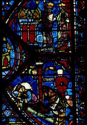 Gothic architecture. Histoire de Charlemagne (detail): Charlemagne (742-814) receives 3 hunts (high) and Vision of Constantine (I, emperor Byzantine). Stained glass of the northern ambulatory, absidial. Cathedrale de Chartres.