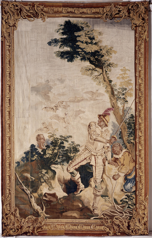 Don Quixote at the Montesinos Cave. According to the novel “El Ingenioso Hidalgo Don Quijote de la Mancha” written by Miguel de Cervantes. Tapestry by Charles Joseph Natoire (Charles-Joseph Natoire, 1700-1777). Wool and silk. Dim: 361x229cm. Musee des tapestries, Aix en Provence.