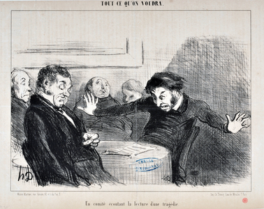 Artwork by Honore Daumier (1808-1879). Charivari dates from 1852: Serie ALL CE QU'ON VILUA “” -A committee listening to the reading of a tragedie”” MUSEE DES BEAUX ARTS - PALAIS LONGCHAMP, MARSEILLE