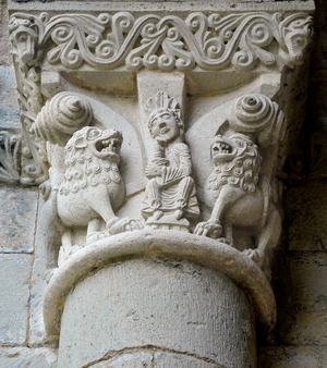 View of La Sauve Maggiore, Abbey of La Sauve-Maggiore in Gironde: tent representing David in the lion pit. 11th century.