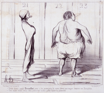 Cartoon about appearances. Serie “” The Bathers””: Tell Dad Drouillet...”” Engraving by Honore DAUMIER (1808-1879). Extract from the newspaper “” Le Charivari””. Dim 25x36cm. box 12 Marseille, Musee des Beaux-Arts, Palais Longchamps, Collection Arts Graphic.