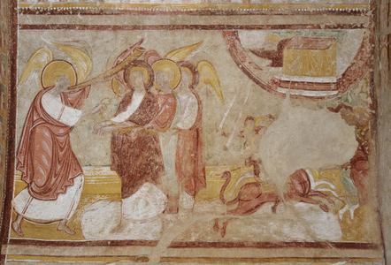 Romanesque art: fresco of the porch of the abbey of Saint Savin on Gartempe.”” On the left of the scene, the angel plays the trumpet, frees the prisoners angels. Saint Savin sur Gartempe (Saint-Savin-sur-Gartempe), Vienne, Poitou-Charentes (Poitou Charentes), France. Photography