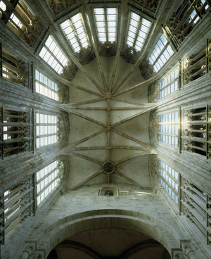 Gothic architecture: view of the vaults and ceiling of the choir (1446-1523) of the abbey of Mont Saint Michel (Manche)
