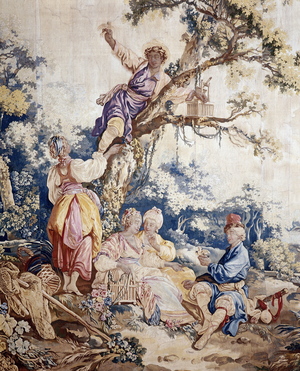 The outdoor banquet, curtain Russian games, detail of the tent and characters, 18th century (tapestry)