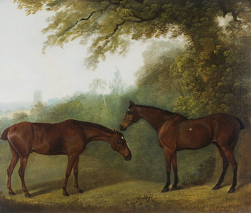 Printer and Simon, two chesnut hunters in a landscape (oil on board)