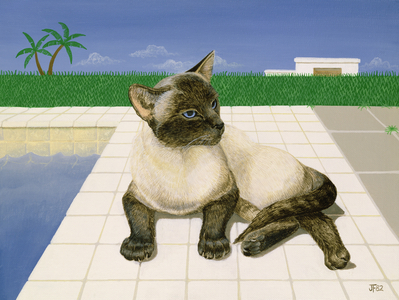 Siamese cat by a swimming pool (painting)