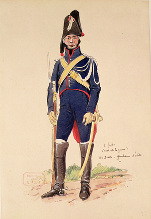 Elite soldier of the Imperial Guard during the Cent-Jours (coloured engraving)