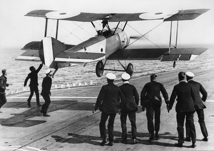 Squadron Commander Edwin Dunning landing a Sopwith Pup on board HMS Furious, 2nd August, 1917 (b/w photo)