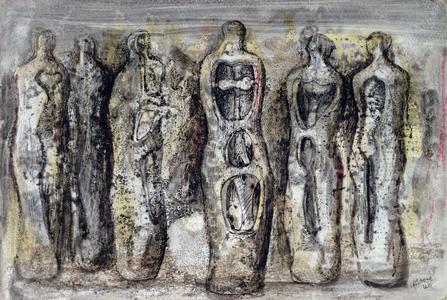 Six Standing Figures: Ideas for Sculpture, 1940 (crayon, w/c & ink)