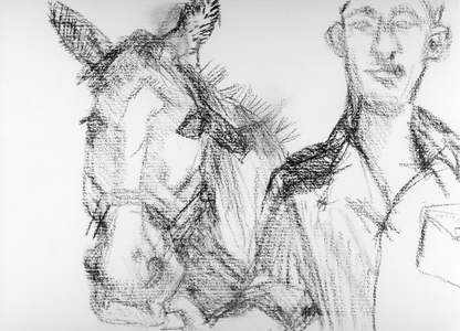 Trooper Button and Pegasus, 1983 (charcoal) (b/w photo)