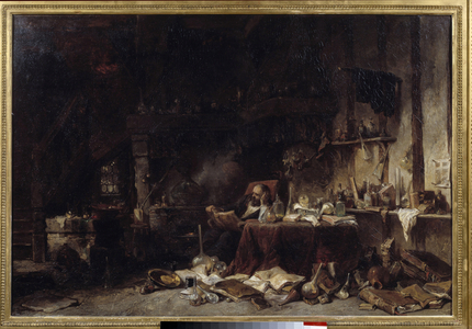 The alchemist's workshop It is filled with vials, vials, stills, 1848 (painting)