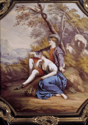 Reverie Secretaire greenhouse jewellery: detail of paintings of porcelain plates of sevres representing a bucolic scene with two shepherds, c.1859 (oil on canvas)