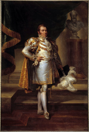 Portrait in foot of Charles Ferdinand d'Artois, Duke of Berry, representative in costume of Prince Francois before a bust of Henry IV, 1819 (oil on canvas)