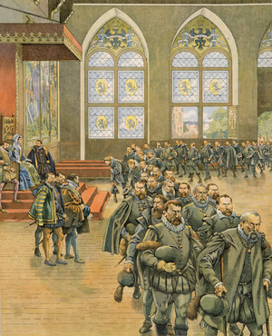 Gueux remonstrate to Marguerite de Parma in 1566 under Philip II (lithograph)