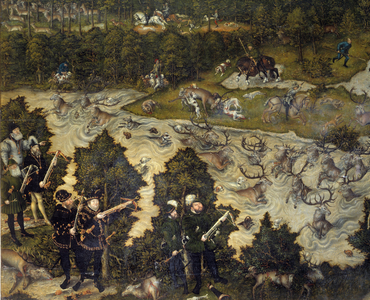 Hunting in honor of Charles V at Torgau Castle in Germany The emperor is representative on the left probably, 16th century (oil on canvas)