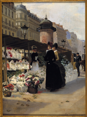 The Flower Walk Two women in front of a Parisian merchant on the Ile de la Cite (oil on canvas)