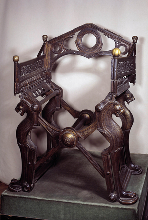 Armchair or throne by Dagobert I (602/605-638). made in golden bronze in the 7th-9th century (gold, bronze)