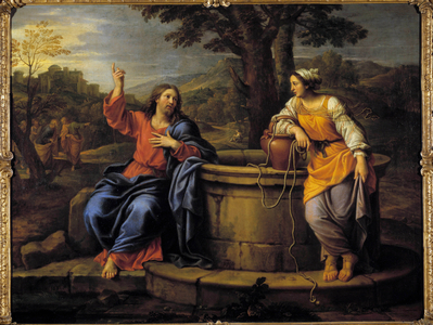 Jesus and Samaritan Jesus sitting to rest meets a Samaritan who came to draw water and asks her to drink, 17th century (oil on canvas)