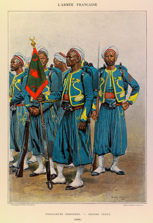 Types and Uniforms of the French Army: Native Tirailleurs in Great Outfit in 1886 (litho)