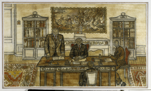 The credit A man facing his bankers with coins faces, 1973 (drawing)