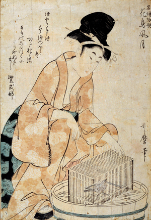 Japanese art: woman sitting in front of a bird cage, 18th century (painting)