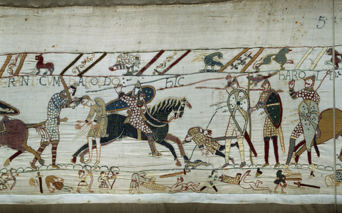 King Harold is killed by an arrow, Bayeux Tapestry (wool embroidery on linen)