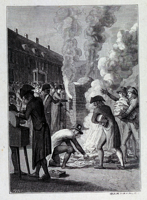 In 1796, Place Vendome saw the burning of boards, punches, matrices, and assignats used to make coins, 1796 (engraving)