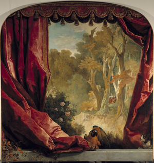 Decorative composition with curtains, landscape and animals, 18th century (oil on canvas)