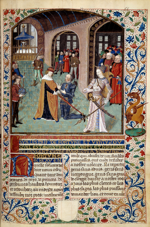 Allegory of Virtue: vassal paying tribute to his lord in the presence of Virtue, 1447-48 (miniature)
