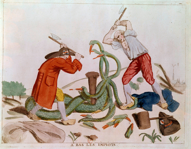 Two revolutionaries cutting off the heads of a monstrous reptile, symbolizing taxes, 18th century (lithograph)