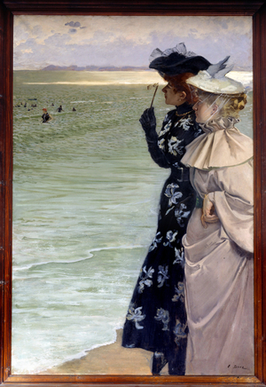 "Bath Time By The Sea" Two Women On The Shore Examining The Bathers In Binocle, 1896 (oil on canvas)