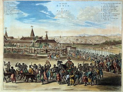 Nigeria capital of the kingdom of Benin solemn exit of King Houegbadja, in Obamey in 1680, 1686 (engraving)