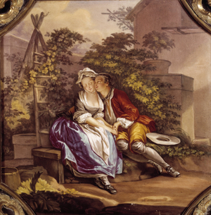 Secretary tightens jewelry: the sweet confession, detail of the paintings of the porcelain plates of sevres representing a scene of badinage, c.1859 (oil on canvas)