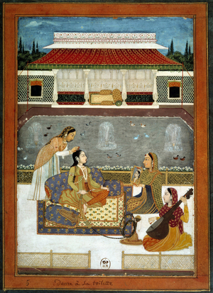 An Indian princess has her miniature toilet from the Mughole School of 1740 (miniature)