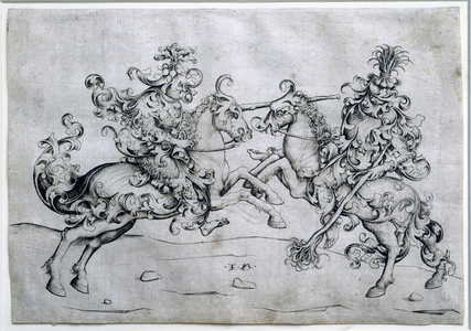 Two riders playing. Game of two men on horseback (drawing)