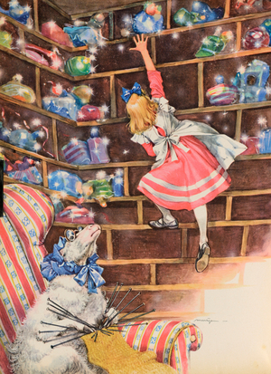 Alice in the ewe shop, from "Through the Looking-Glass" by Lewis Carroll, 20th century (illustration)