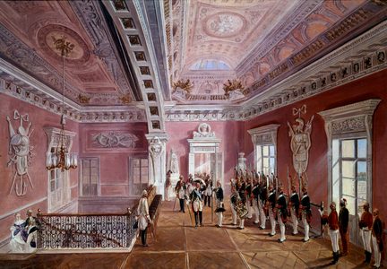Take up the guard in the upper vestibule of Pavlosk Castle in the presence of Paul I lifting his hat, 19th century (oil on canvas)