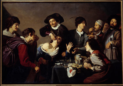 The Teeth Remover A dentist surrounds his assistants and instruments tears a patient's tooth, 17th century (oil on canvas)