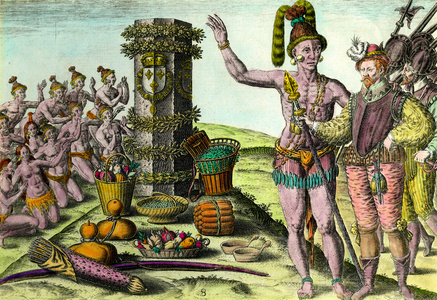 The Floridians came the column erigee by the French navigator Jean Ribault (1520-1565), 16th century (engraving)