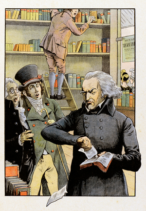 In a bookstore, Theophile Malo Corret de La Tour d'Auvergne (1743-1800), 1902 (etching)